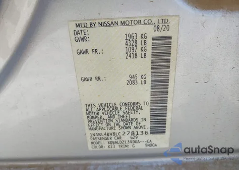 2020 Nissan Altima S Fwd из США, поврежденный, VIN 1N4BL4BV8LC278136